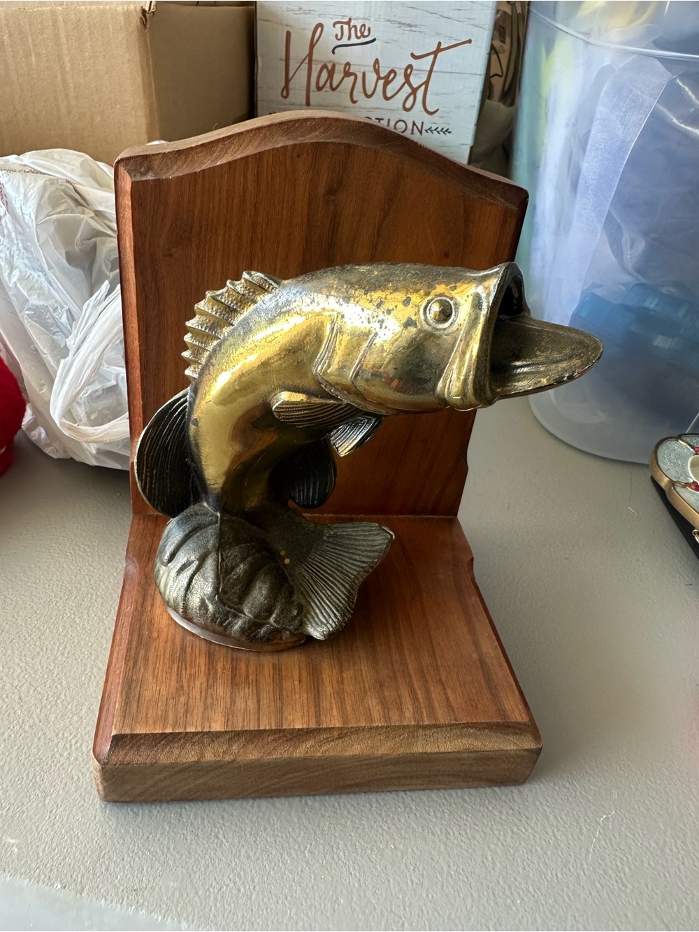 Brass Fish Bookend on Wood Base - Gold Finish